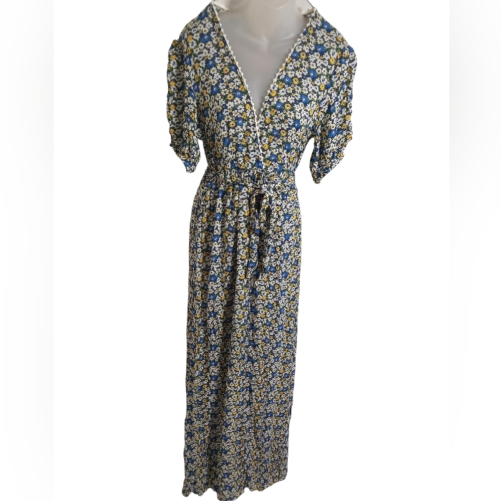 Playa Lucila Ditsy Floral Lace Trim V Neck Wrap Maxi Dress Boho Romantic Sz M